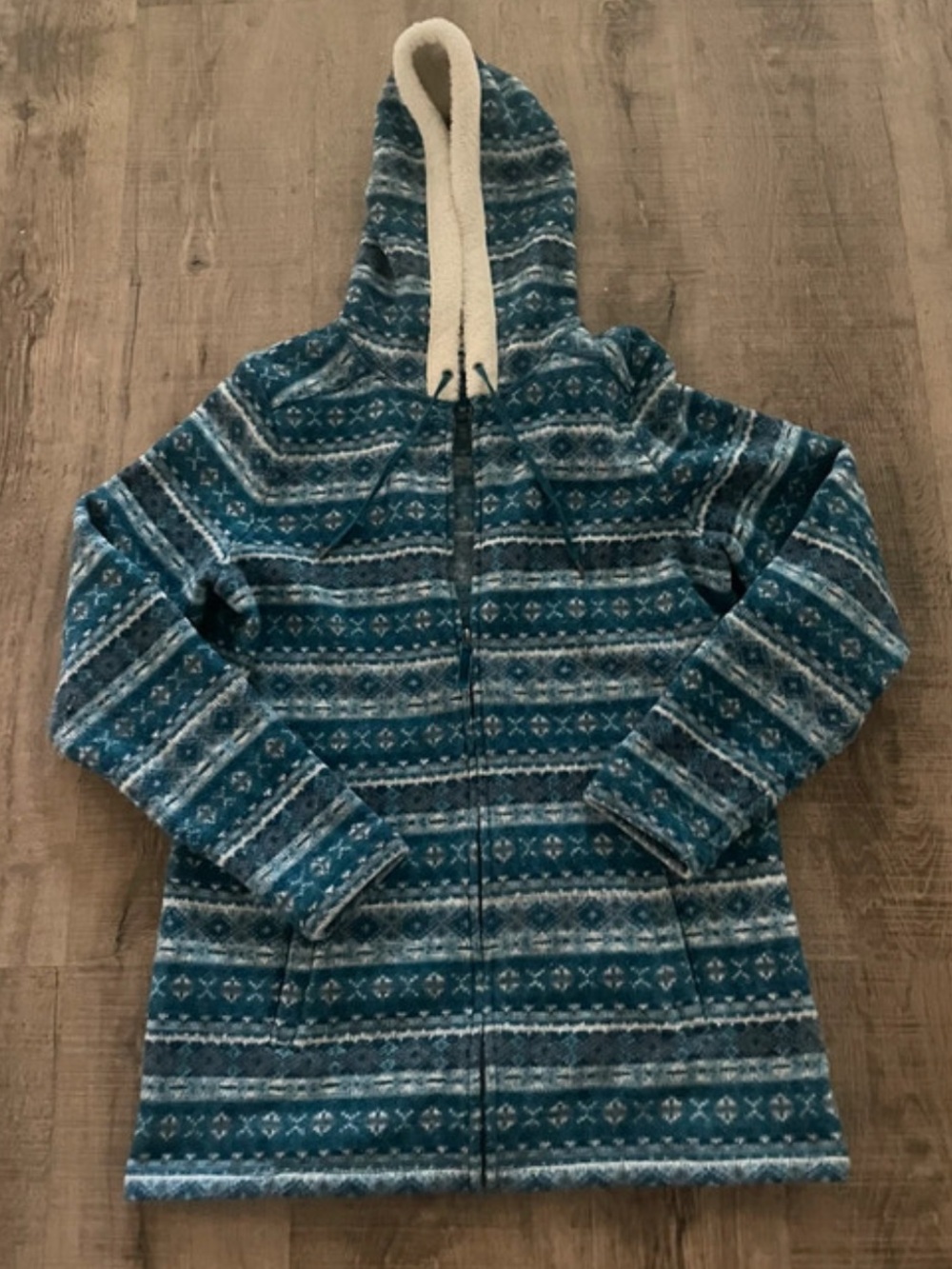 Retro L.L. Bean Womens Fair Isle Sherpa Lined Hood Full Zip Jacket Blue M